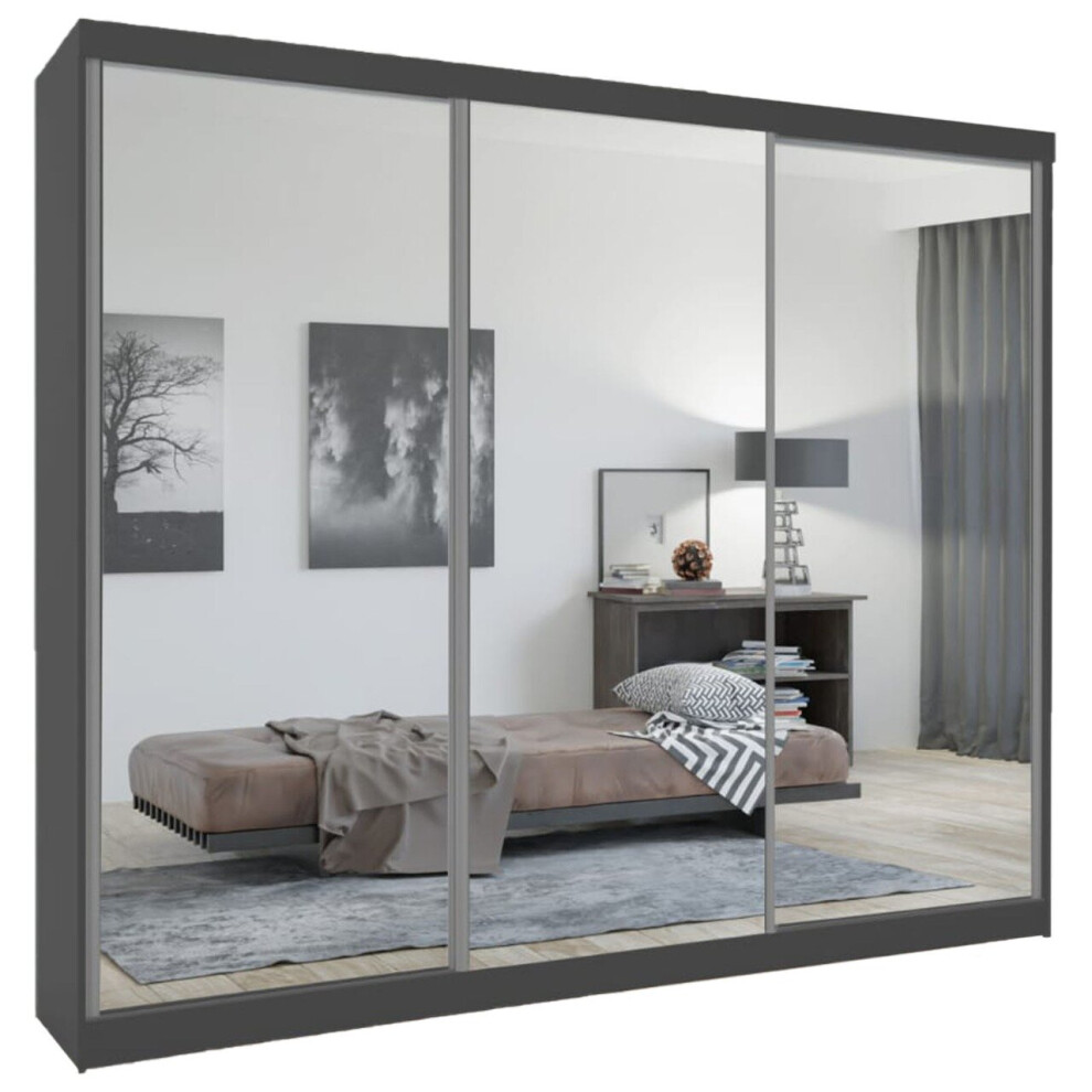 (Grey, 250cm) Chicago Double Mirror Sliding Door Wardrobe