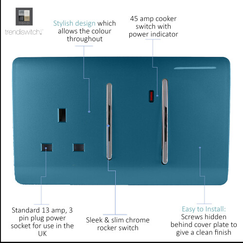 Trendi Switch Trendi 45 A Cooker Switch & Plug Socket Inc Neon Insert Ocean Blue 1