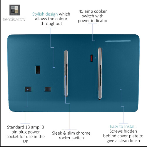 Trendi Switch Trendi 45 A Cooker Switch & Plug Socket Inc Neon Insert Navy 1