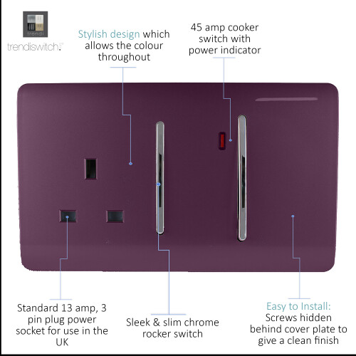 Trendi Switch Trendi 45 A Cooker Switch & Plug Socket Inc Neon Insert Plum 1