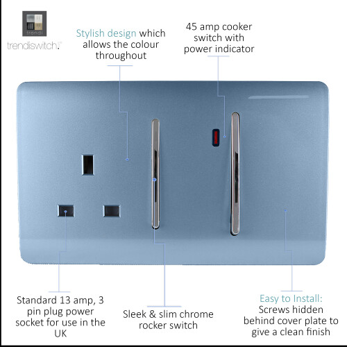 Trendi Switch Trendi 45 A Cooker Switch & Plug Socket Inc Neon Insert Sky 1