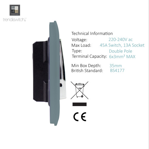 Trendi Switch Trendi 45 A Cooker Switch & Plug Socket Inc Neon Insert Cool Grey 2