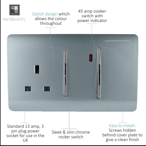 Trendi Switch Trendi 45 A Cooker Switch & Plug Socket Inc Neon Insert Cool Grey 1
