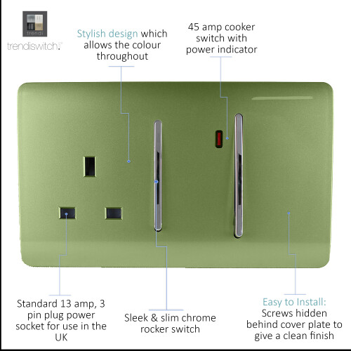 Trendi Switch Trendi 45 A Cooker Switch & Plug Socket Inc Neon Insert Moss Green 1
