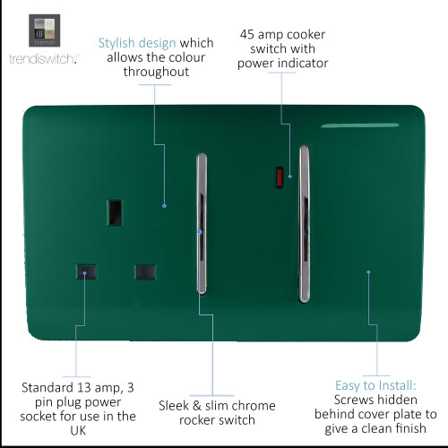 Trendi Switch Trendi 45 A Cooker Switch & Plug Socket Inc Neon Insert Dark Green 1