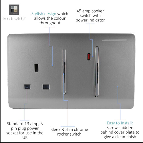 Trendi Switch Trendi 45 A Cooker Switch & Plug Socket Inc Neon Insert Light Grey 1