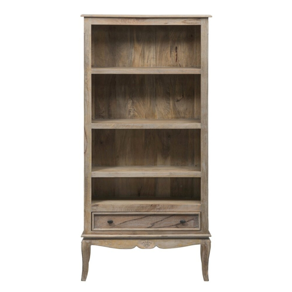 Fleur French Style Rustic Mango Wood Grey Wide Bookcase With 1 Drawer Bottom Storage-image-OPC-P7GJ8S5-NEW