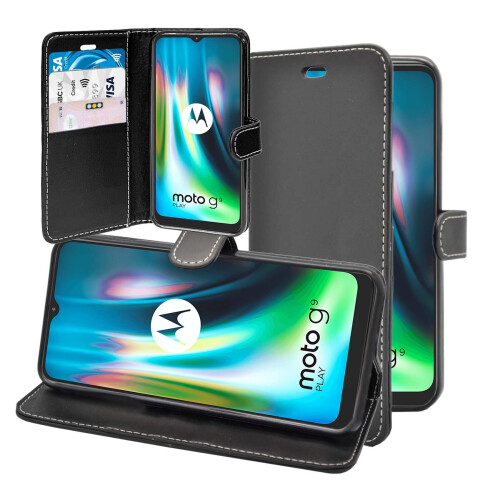 (Black) For Motorola G9 Play Case Wallet Flip PU Leather Kickstand Card Holder Phone Cover