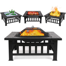 3 in 1 Fire Pit with BBQ Grill Shelf,Outdoor Metal Brazier Square Table Firepit Garden Patio Heater/BBQ/Ice Pit with Waterproof Cover (Fire Pit Grill)