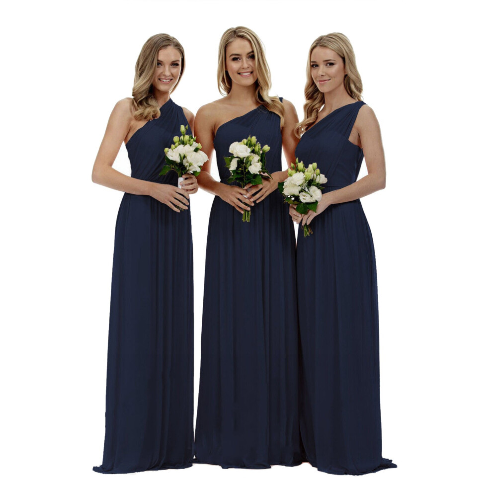 (Navy Blue, 22) One-Shoulder Chiffon Evening Party Ball Gown Bridesmaid Dress