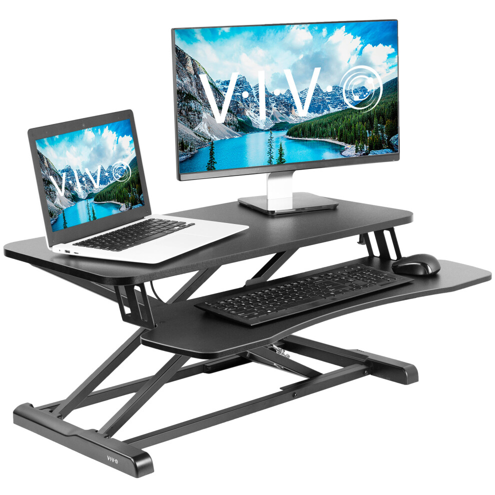 VIVO Black Height Adjustable Standing Desk Monitor Riser 32" Sit Stand Workstation Tabletop (DESK-V000K)