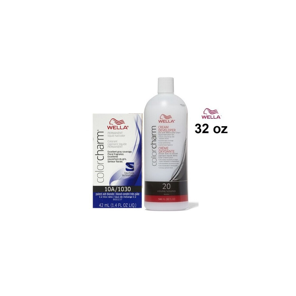(10A+Dev(Vol.20)32oz) Wella 10A Palest Ash Blonde Color Charm Permanent Liquid Haircolor