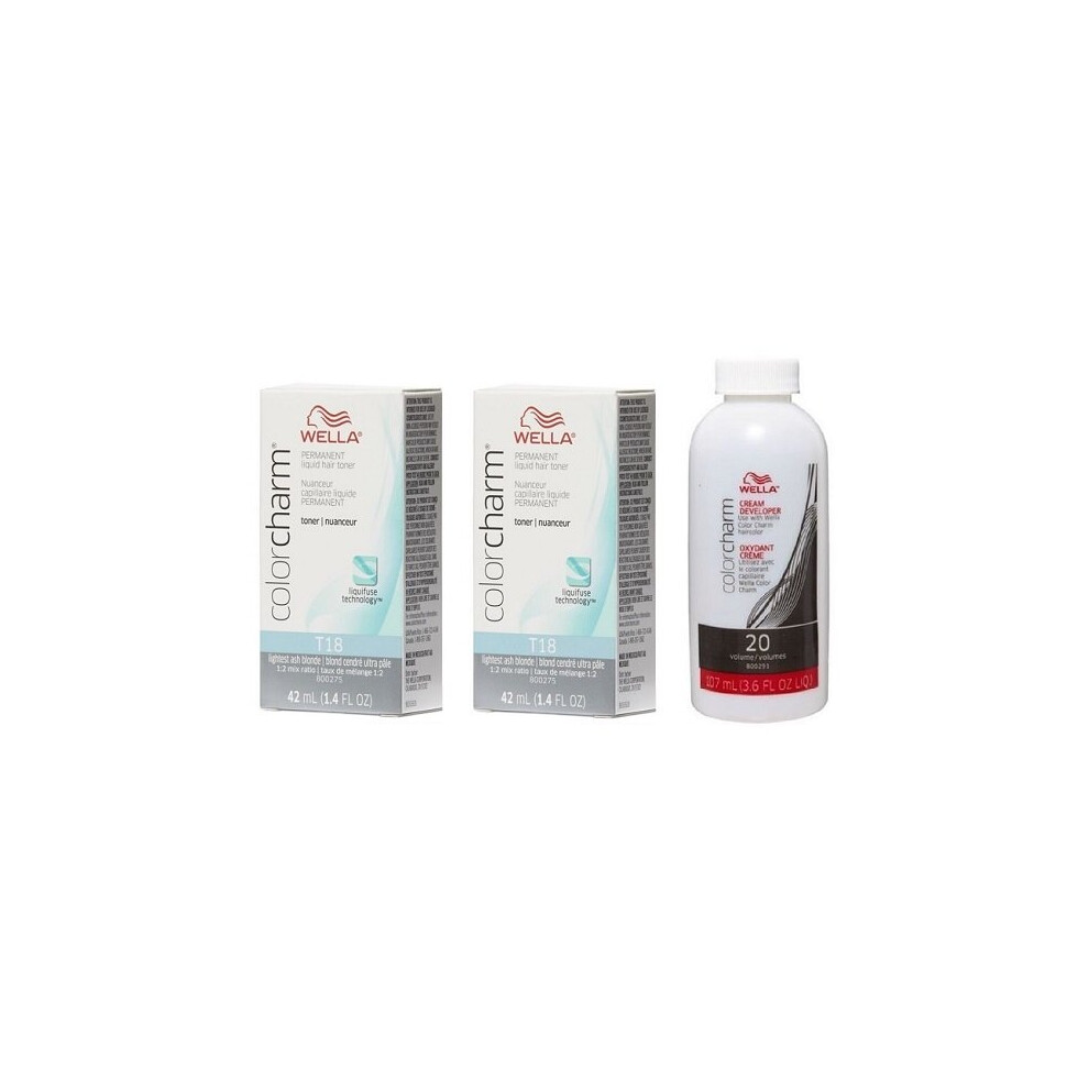 Wella (T18+T18+Dev(Vol.20)3.6Oz) Color Charm T18 Lightest Ash Blonde Hair Toner