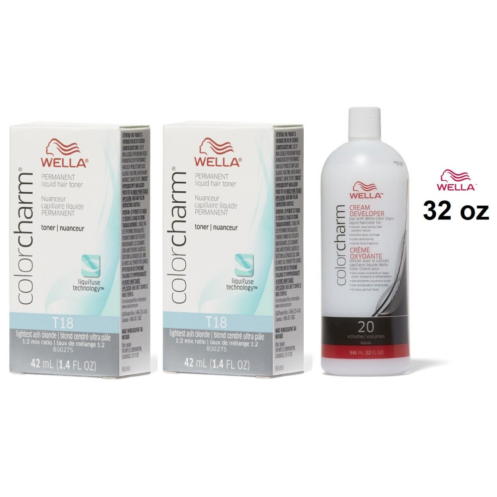 Wella (T18+T18+Dev (Vol. 20) 32Oz) Color Charm T18 Lightest Ash Blonde Hair Toner