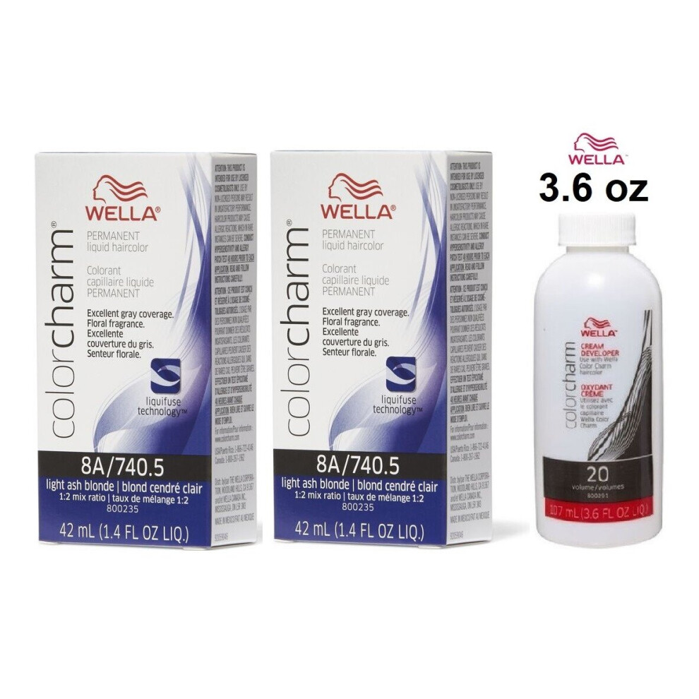 (8A+8A+Dev (Vol. 20) 3.6oz) Wella 10A Palest Ash Blonde Color Charm Permanent Liquid Haircolor