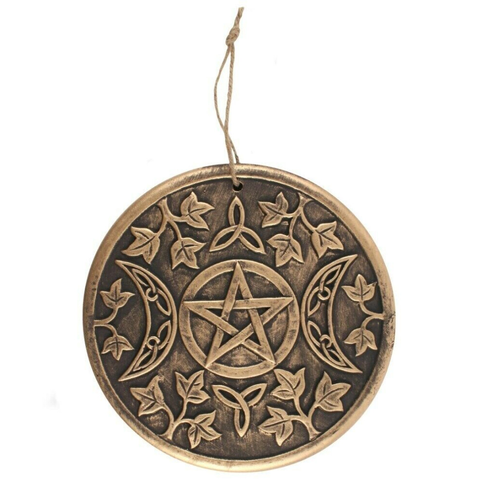 Triple Moon Pentagram High Round Hanging Wall Plaque 20cm Triple Moon Pentagram Bronze Effect