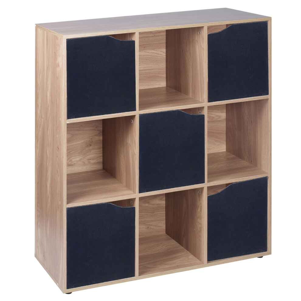 (9 Cube - Oak, Black) 9 Cube Wooden Storage Bookcase Unit With Doors