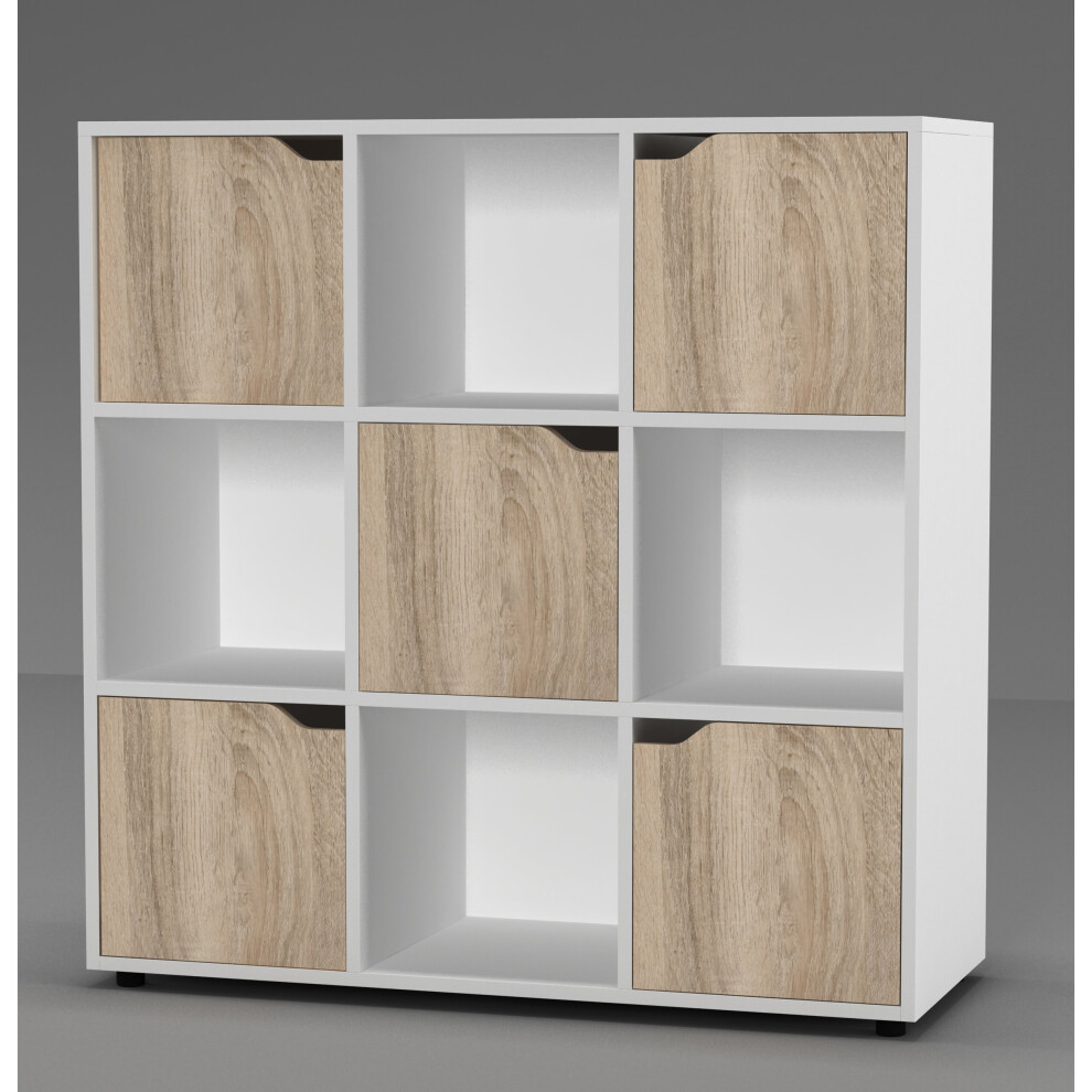 (9 Cube - White, Oak) 9 Cube Wooden Storage Bookcase Unit With Doors