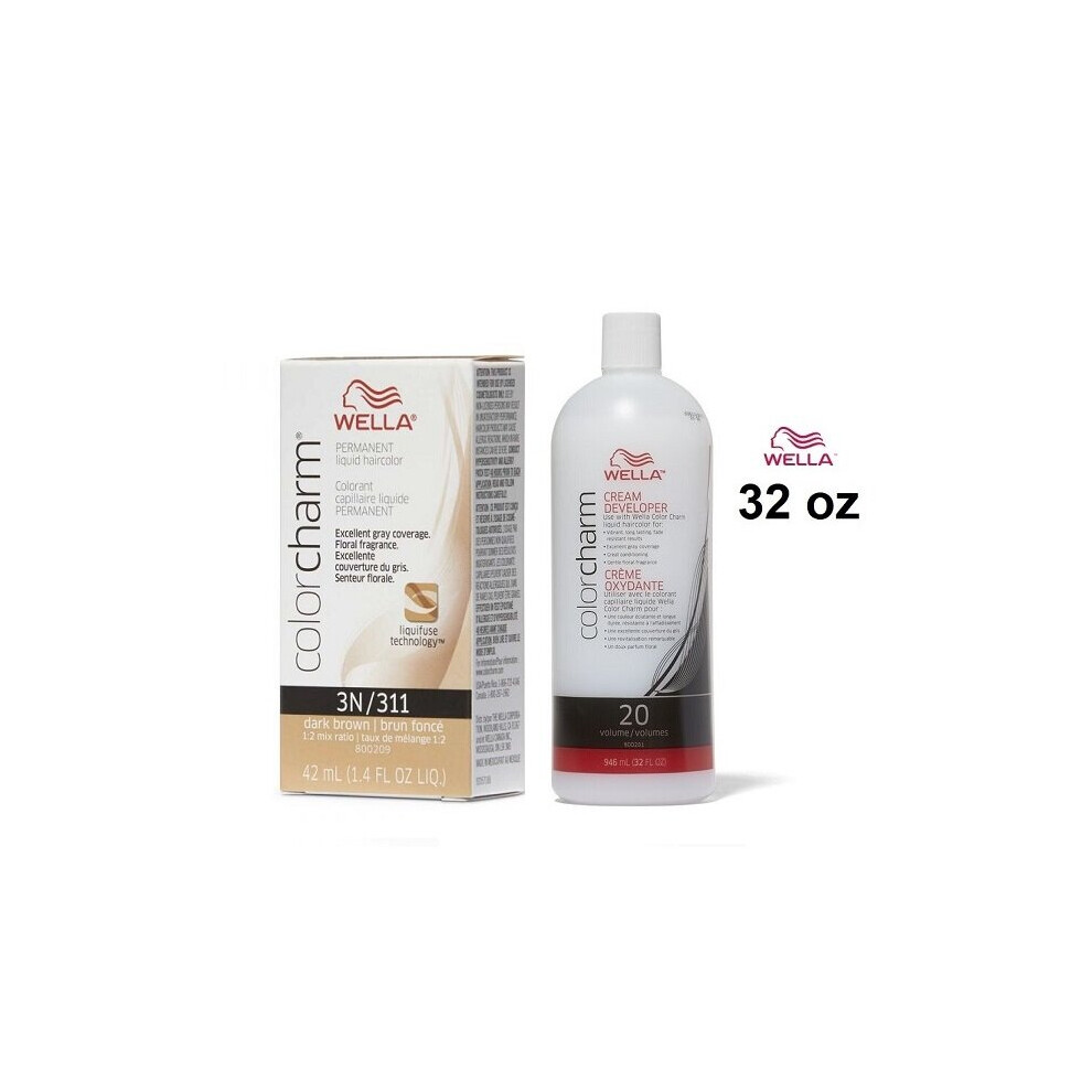 (3N+Dev(Vol.20)32oz) Wella 3N Dark Brown Color Charm Permanent Liquid Haircolor