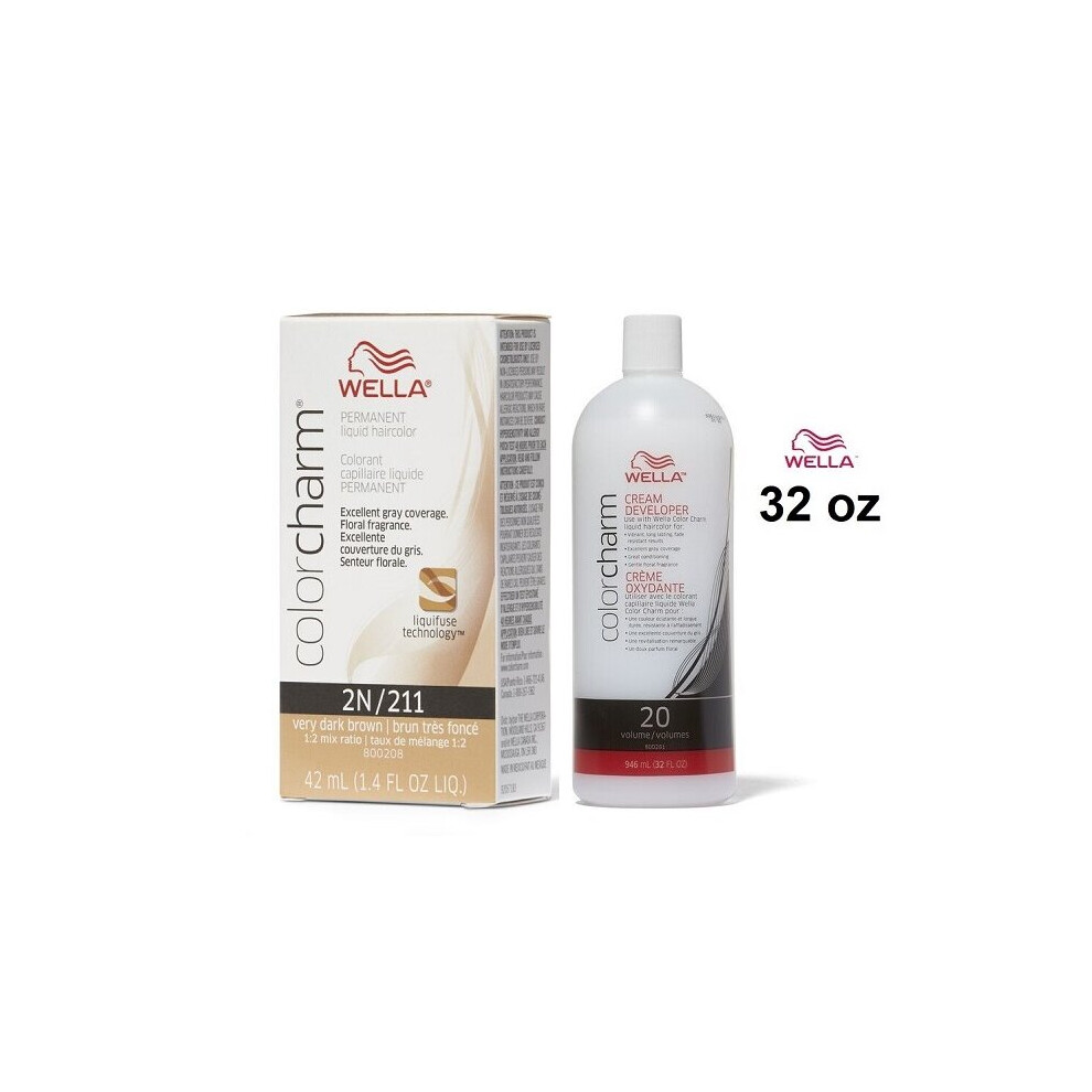 (2N+Dev(Vol.20)32oz) Wella 2N Very Dark Brown Color Charm Permanent Liquid Haircolor