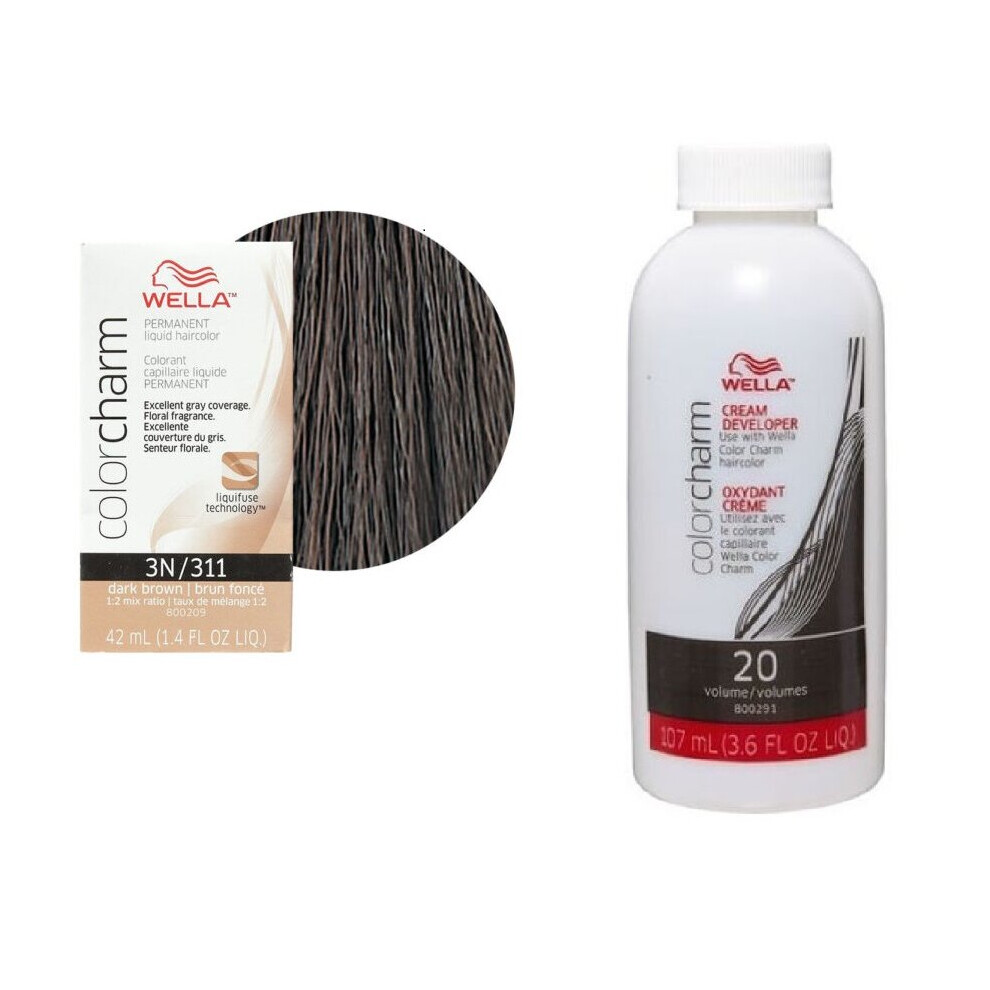 (3N+Dev(Vol.20)3.6oz) Wella 3N Dark Brown Color Charm Permanent Liquid Haircolor