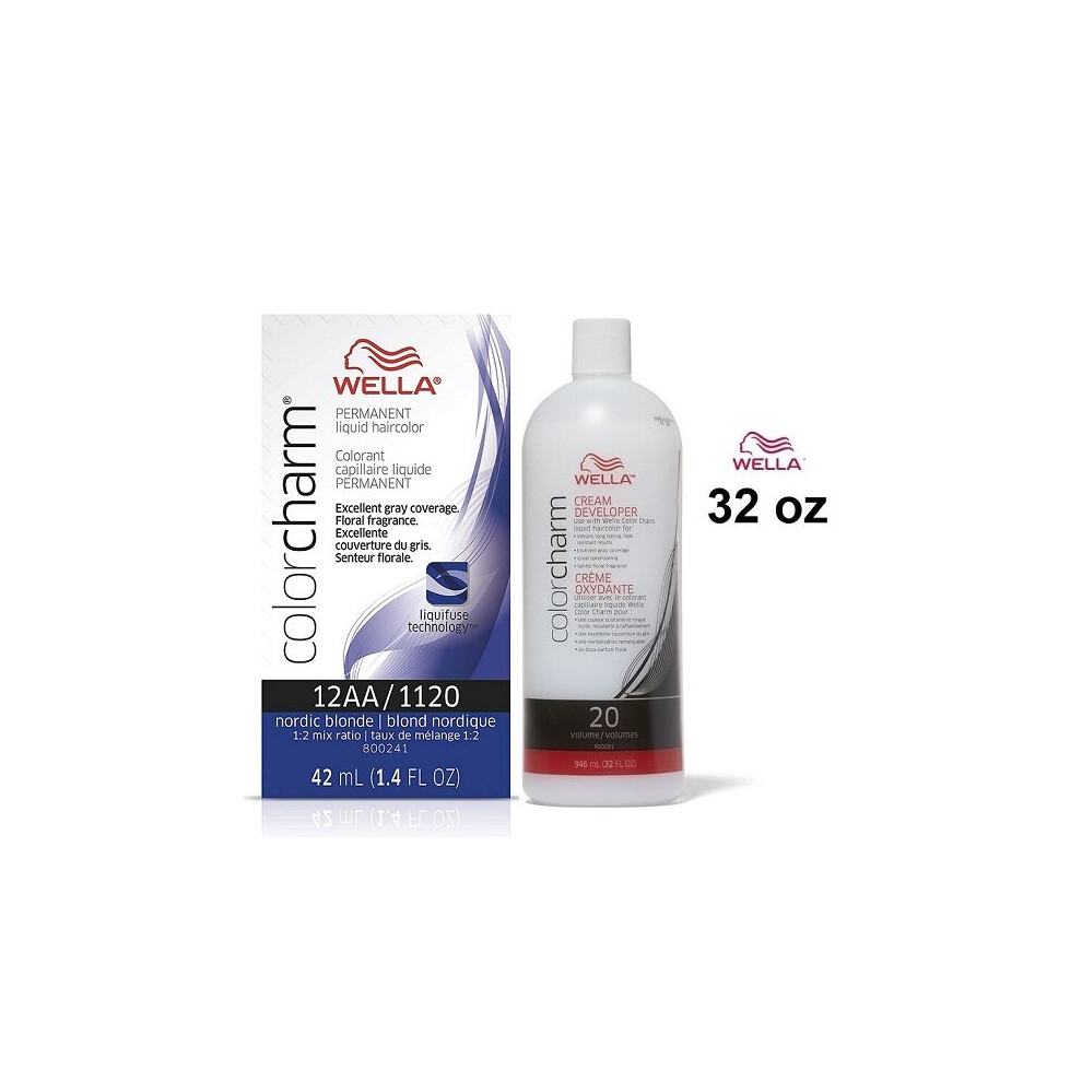 (12AA+Dev(Vol.20)32oz) Wella 12AA Nordic Blonde Color Charm Permanent Liquid Haircolor