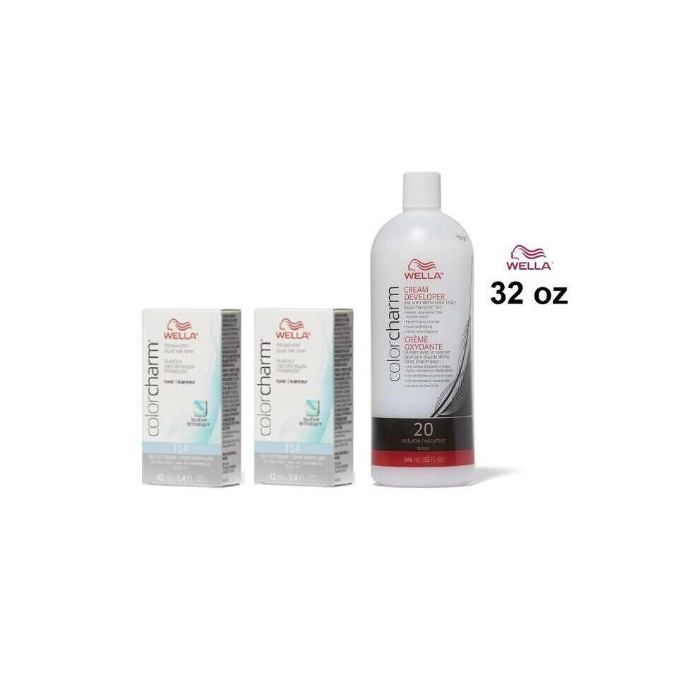 (T14+T14+Dev(Vol.20)32oz) Wella Color Charm T14 Pale Ash Blonde Hair Toner