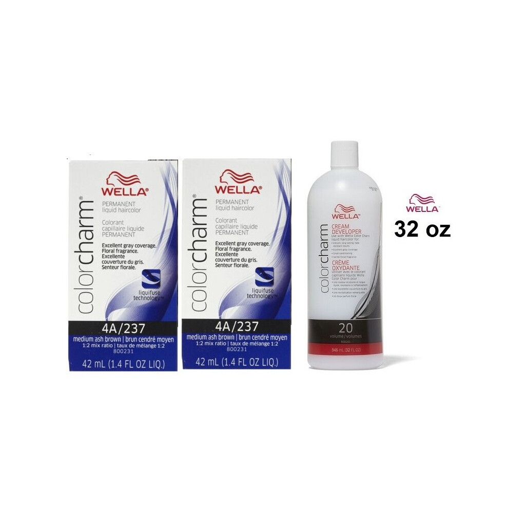 (4A(2)+Dev(Vol.20)32oz) Wella 4A Medium Ash Brown Color Charm Permanent Liquid Haircolor