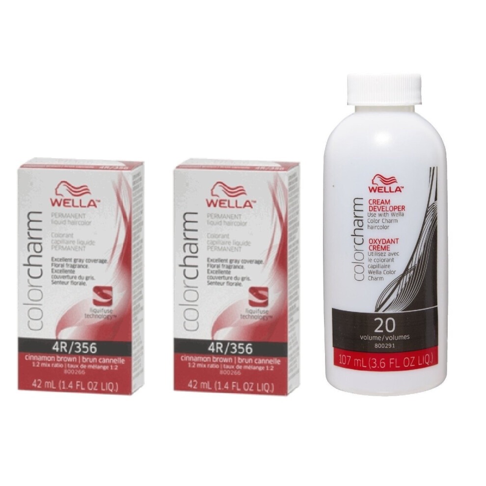 Wella Brown,Multicoloured (4R(2)+Dev(Vol.20)3.6Oz) Color Charm 4R Cinnamon Brown Permanent Liquid Haircolor