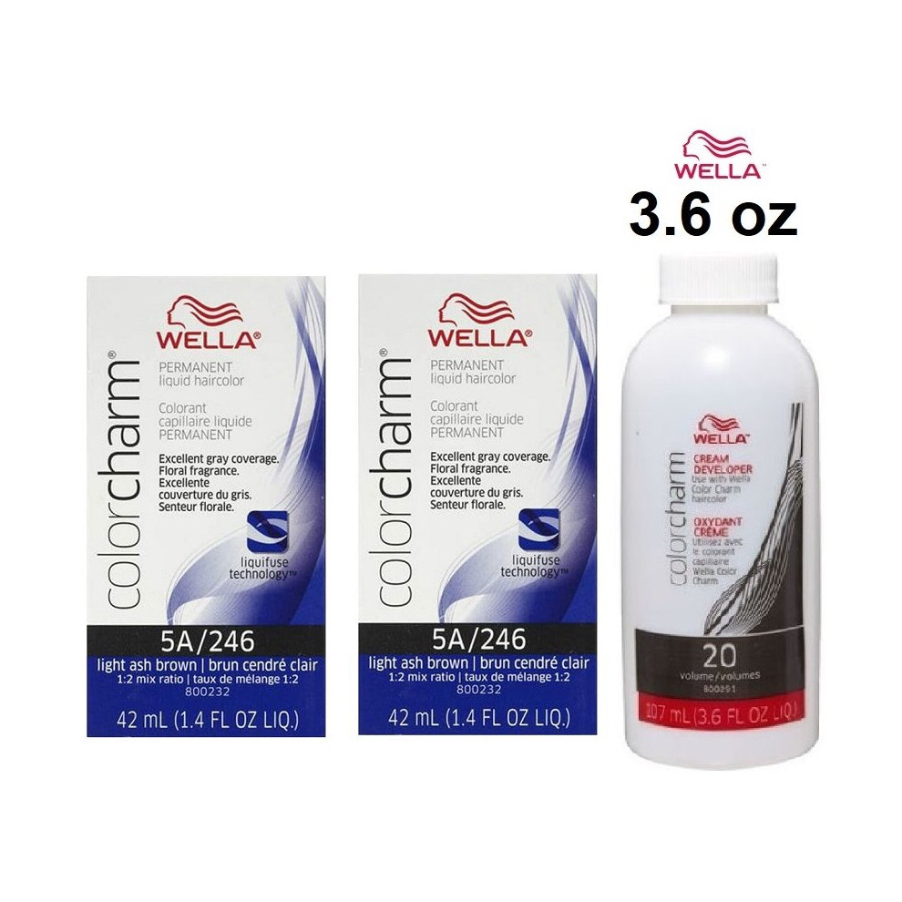 (5A(2)+Dev(Vol.20)3.6oz) Wella 5A Light Ash Brown Color Charm Permanent Liquid Haircolor-image-OPC-P7GMY7C-NEW