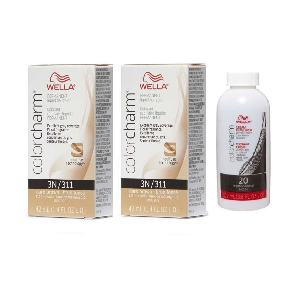 (3N(2)+Dev(Vol.20)3.6oz) Wella 3N Dark Brown Color Charm Permanent Liquid Haircolor