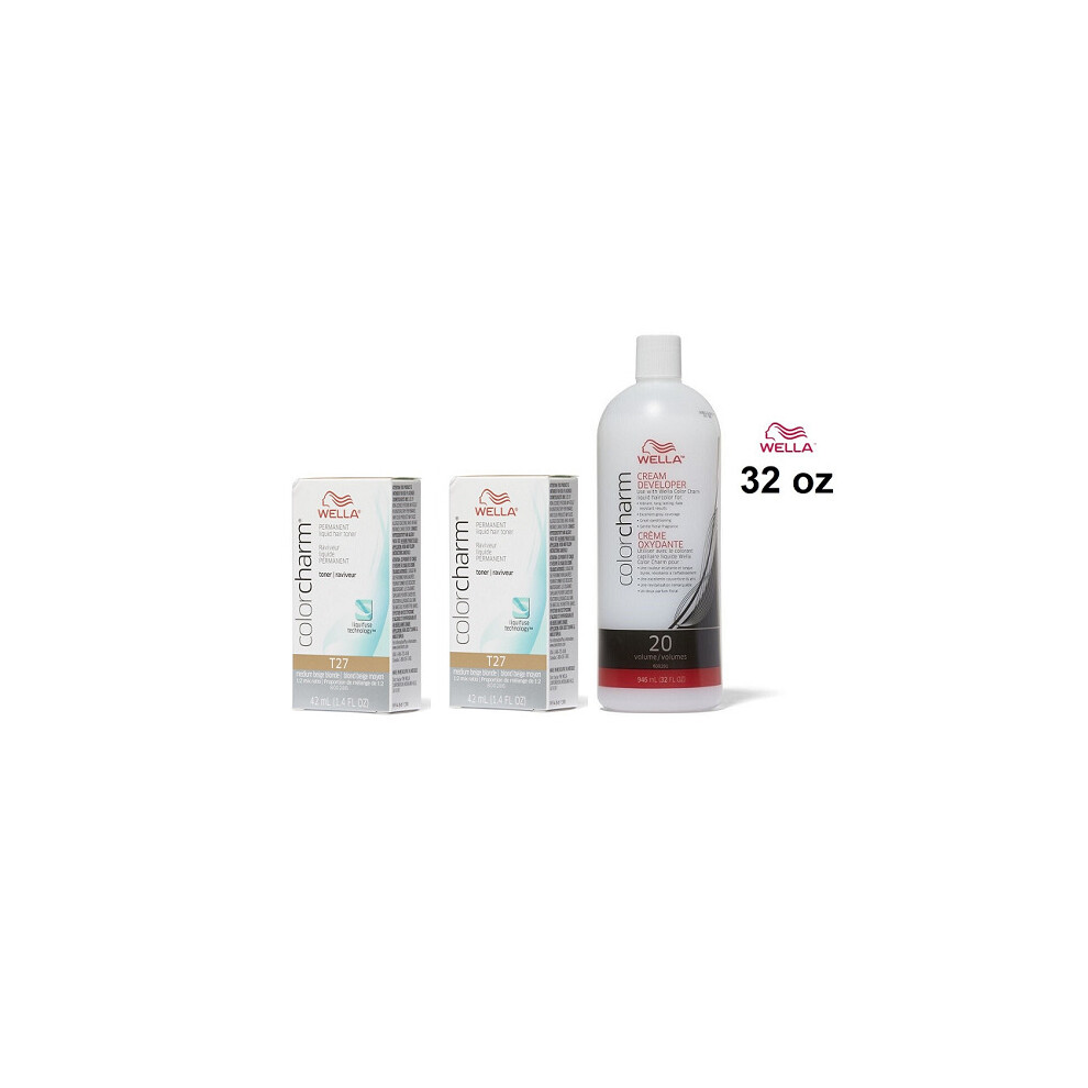 (T27+T27+Dev(Vol.20)32oz) Wella Color Charm T27 Medium Beige Blonde Hair Toner