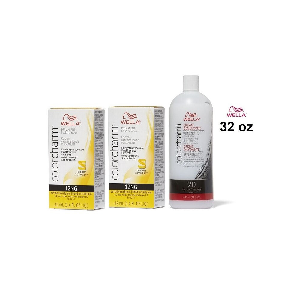 (12NG(2)+Dev(Vol.20)32oz) Wella Color Charm 12NG Surf Side Blonde Plus Permanent Liquid Haircolor