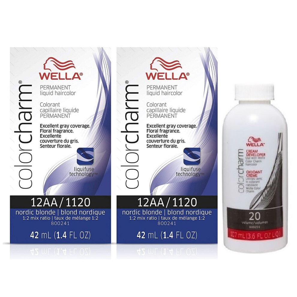 Wella (12Aa (2Pks), Dev (Vol.20) 3.6Oz) 10A Palest Ash Blonde Color Charm Permanent Liquid Haircolor Multicoloured