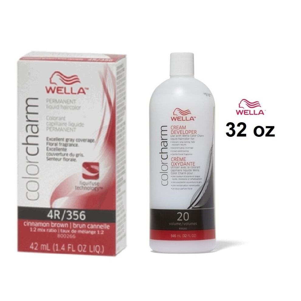 Wella Brown,Multicoloured (4R+Dev(Vol.20)32Oz) Color Charm 4R Cinnamon Brown Permanent Liquid Haircolor