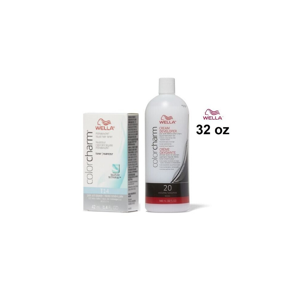 (T14+Dev(Vol.20)32oz) Wella Color Charm T14 Pale Ash Blonde Hair Toner