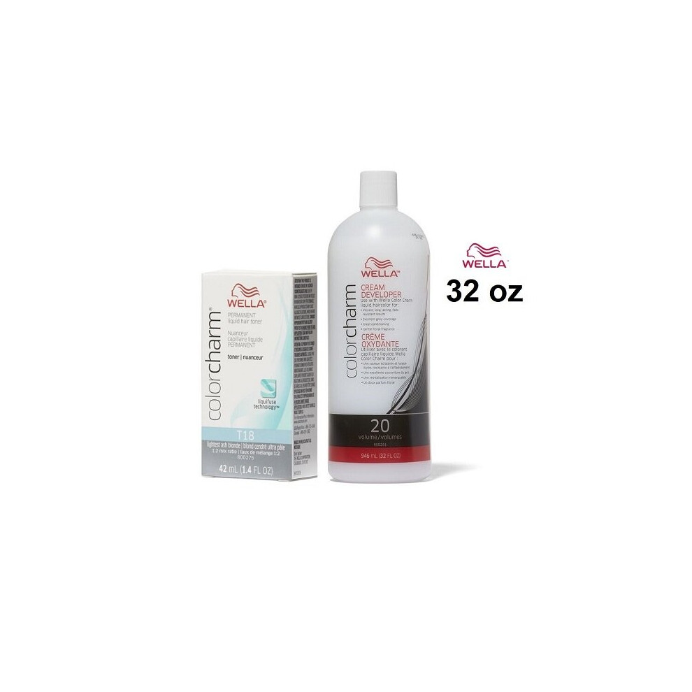Wella (T18 & Dev (Vol. 20) 32Oz) Color Charm T18 Lightest Ash Blonde Hair Toner