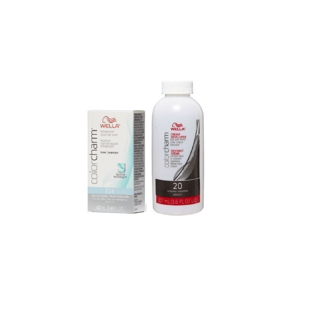 (T14+Dev(Vol.20)3.6oz) Wella Color Charm T14 Pale Ash Blonde Hair Toner