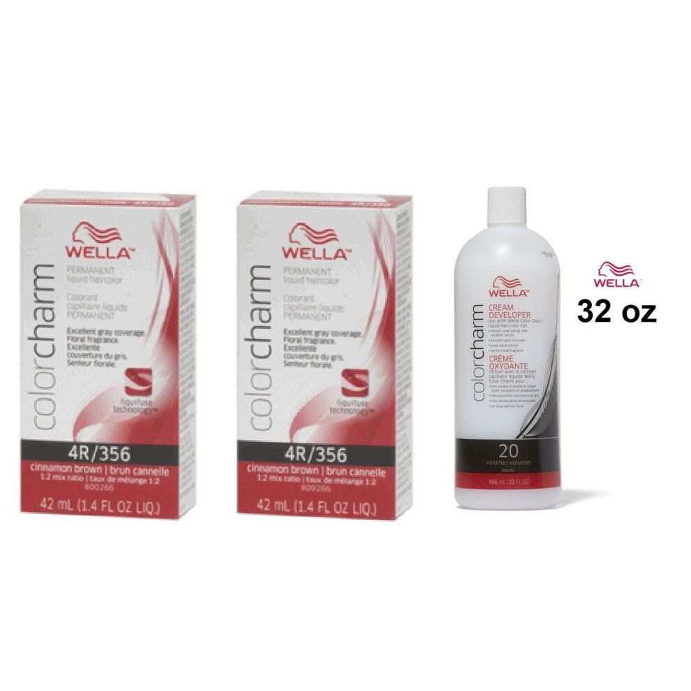 (4R(2)+Dev(Vol.20)32oz) Wella Color Charm 4R Cinnamon Brown Permanent Liquid Haircolor