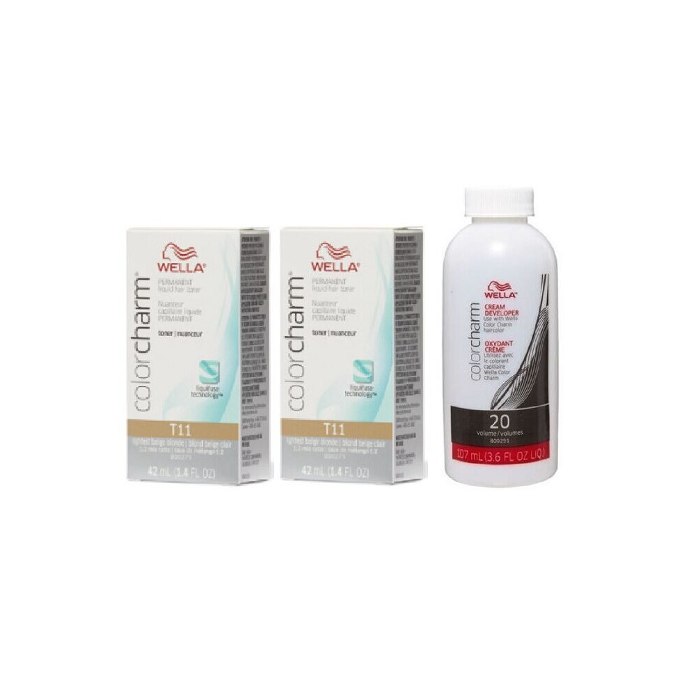 Wella (T11+T11+Dev(Vol.20)3.6Oz) Color Charm T11 Lightest Beige Blonde Hair Toner