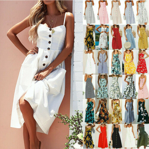 Women Boho Button Midi Dress Ladies Cocktail Party Evening Summer Beach Sundress on OnBuy