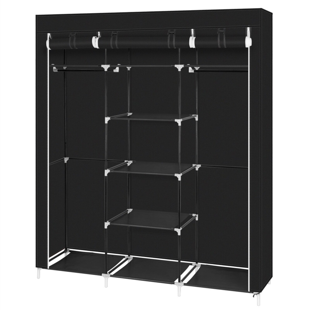 69" Portable Clothes Closet Non-Woven Fabric Wardrobe Double Rod Storage Organizer Black-image-OPC-P7GNJMV-NEW