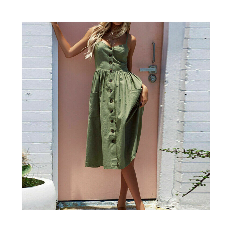 (Army Green,UK 12) Women Boho Button Midi Dress Ladies Cocktail Party Evening Summer Beach Sundress