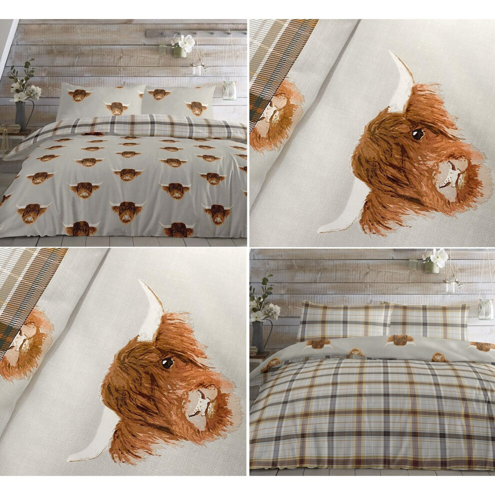 Highland Cow Duvet Cover Tartan Check Reversible Quilt Cover Bedding Set Ochre