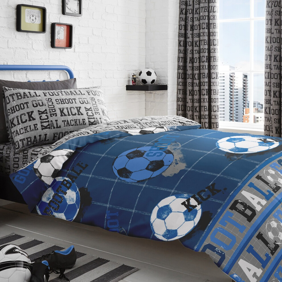 FOOTBALL SOCCER SHOOT GOAL BOYS KIDS DOUBLE DUVET QUILT COVER BEDDING SET BLUE