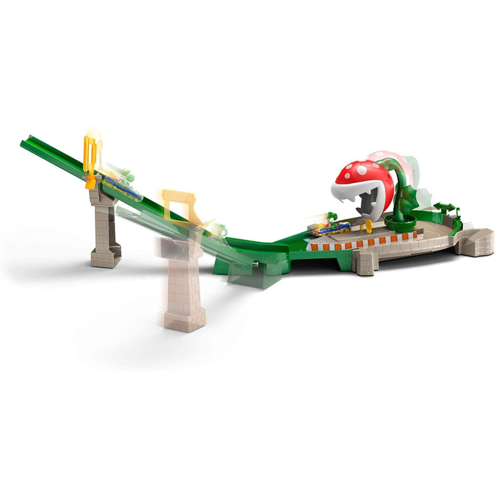 Hot Wheels Gfy47 Mario Kart Piranha Plant Slide Playset With 1:64 Die-Cast Yoshi And B-Dasher Vehicle