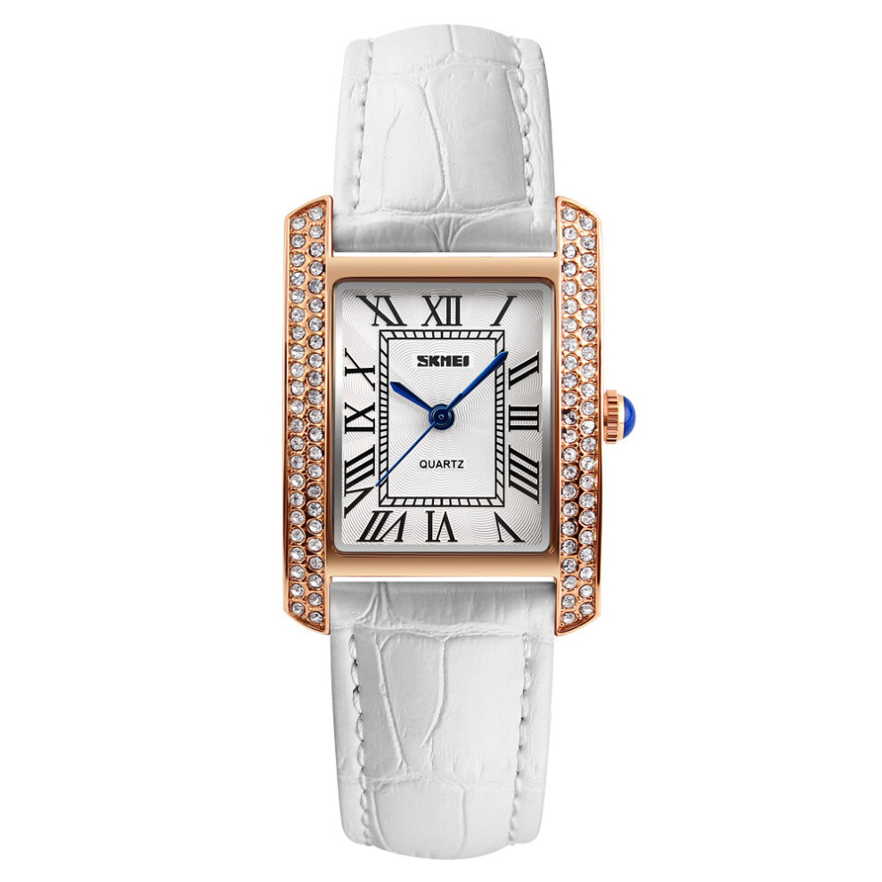 (Gold/White) Skmei Women's Watch Classic Roman Genuine Leather Crystal Stones Rose Gold Or Silver-image-OPC-P7GNSKZ-NEW