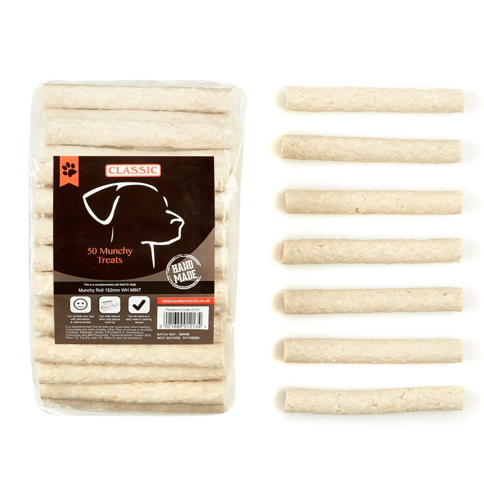 Pack of 50 Dog Chew Sticks Munchy Roll White Mint - 150mm Treats