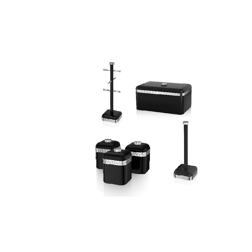 SWAN Retro storage set BLACK. includes Breadbin, set of 3 cannisters, mug tree and towel pole