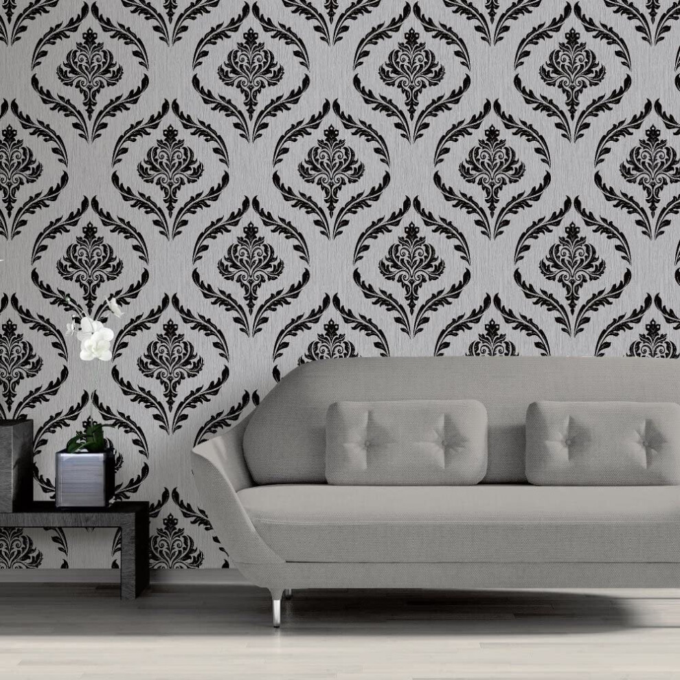 Debona Crystal Floral Leaf Damask Pattern Wallpaper Glitter Motif Textured (Silver Black 9032)